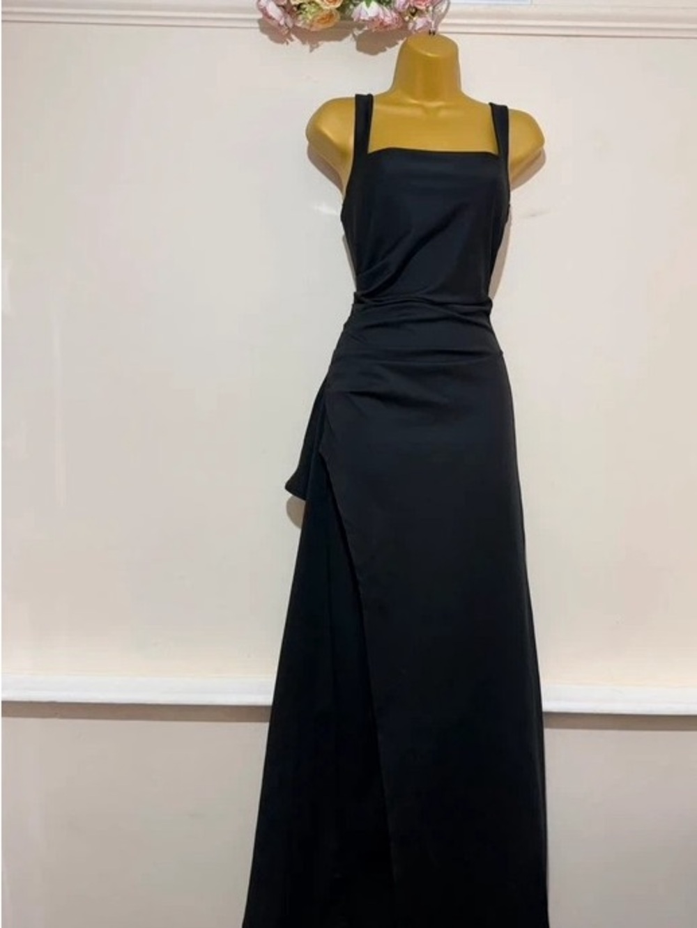 Elegant Black Square-Neck Maxi Dress with Side Drape